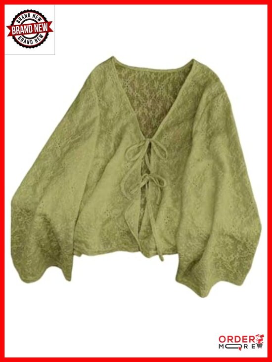 Tops - Plus Size Boho Blouse Long Sleeve V Neck Eyelet Embroidered Tie Front Flared